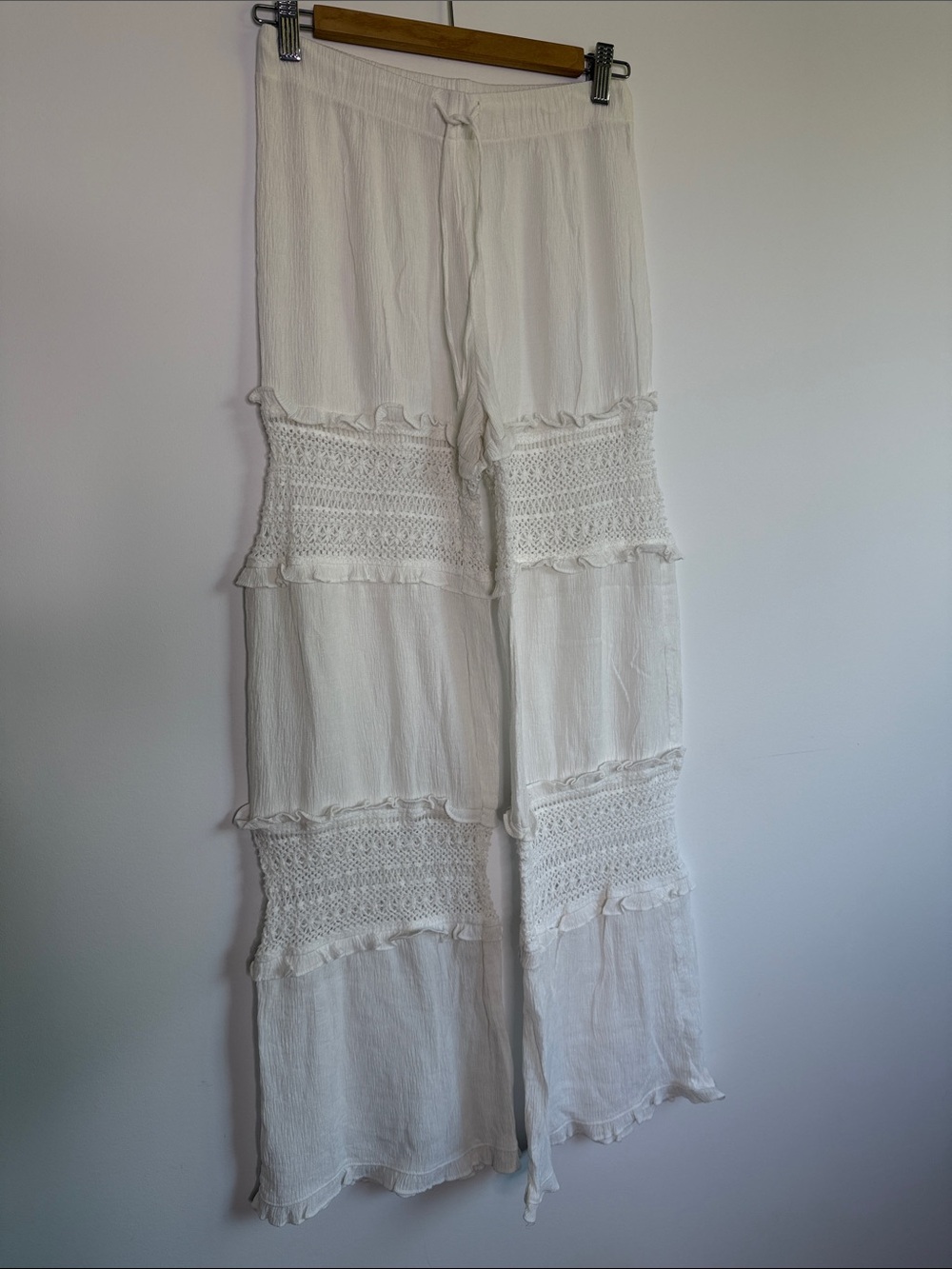H&M Woven Crochet Tiered Wide-Leg Pants - White